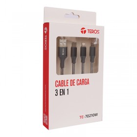 Cable de carga 3 en 1 teros te-70210w, usb a tipo c/lightning/micro usb, 17.5w máx, gris